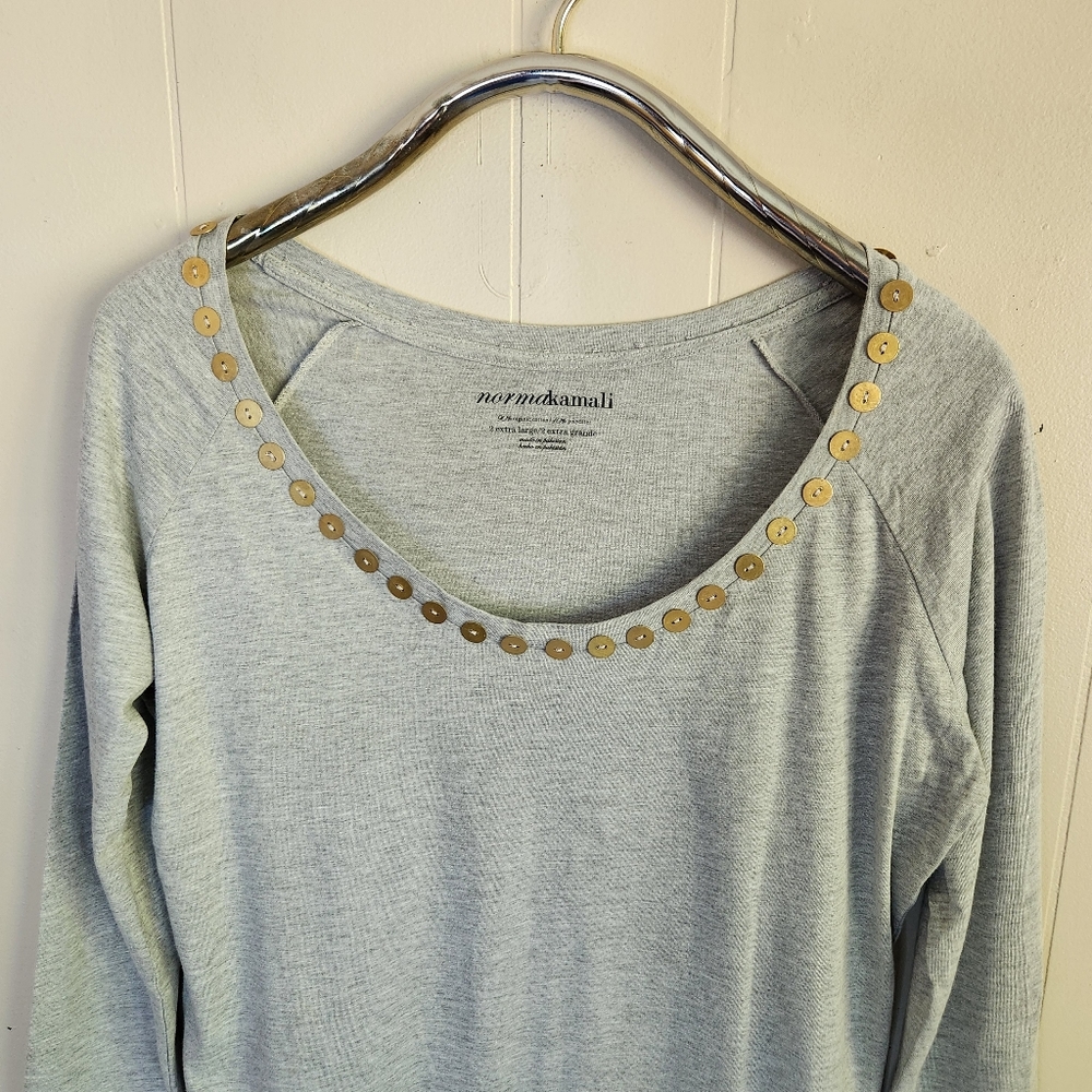 Norma Kamali gray organic cotton scoop neck tee t-shirt button embellishment XL - Picture 3 of 13